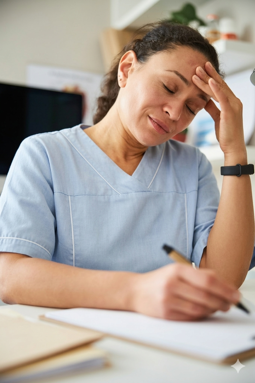 Stressed dental clinic worker doing paperwork